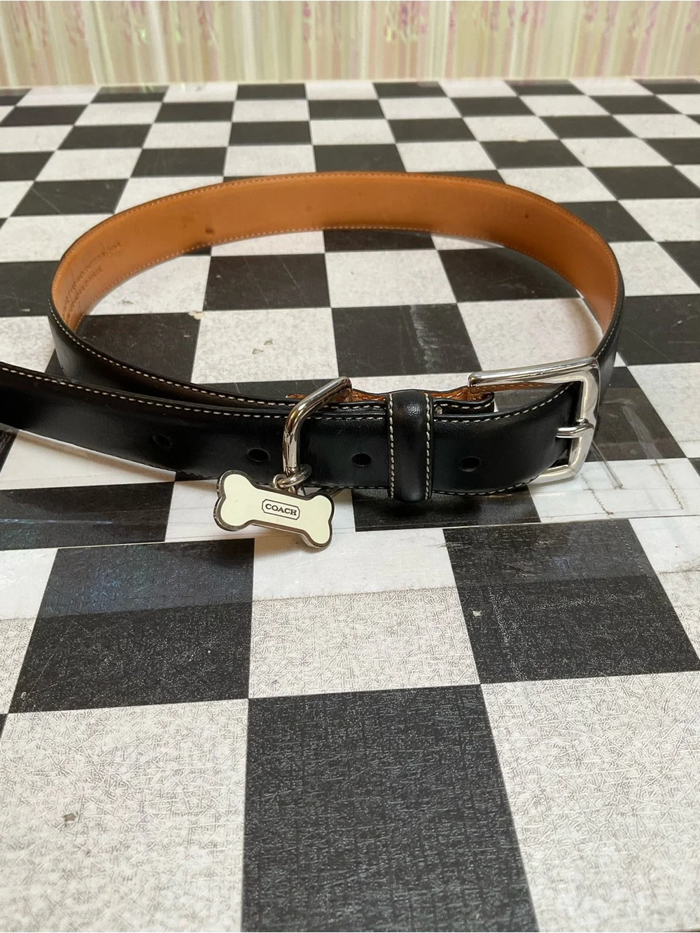 Coach Black Leather Dog Collar with Bone Charm
